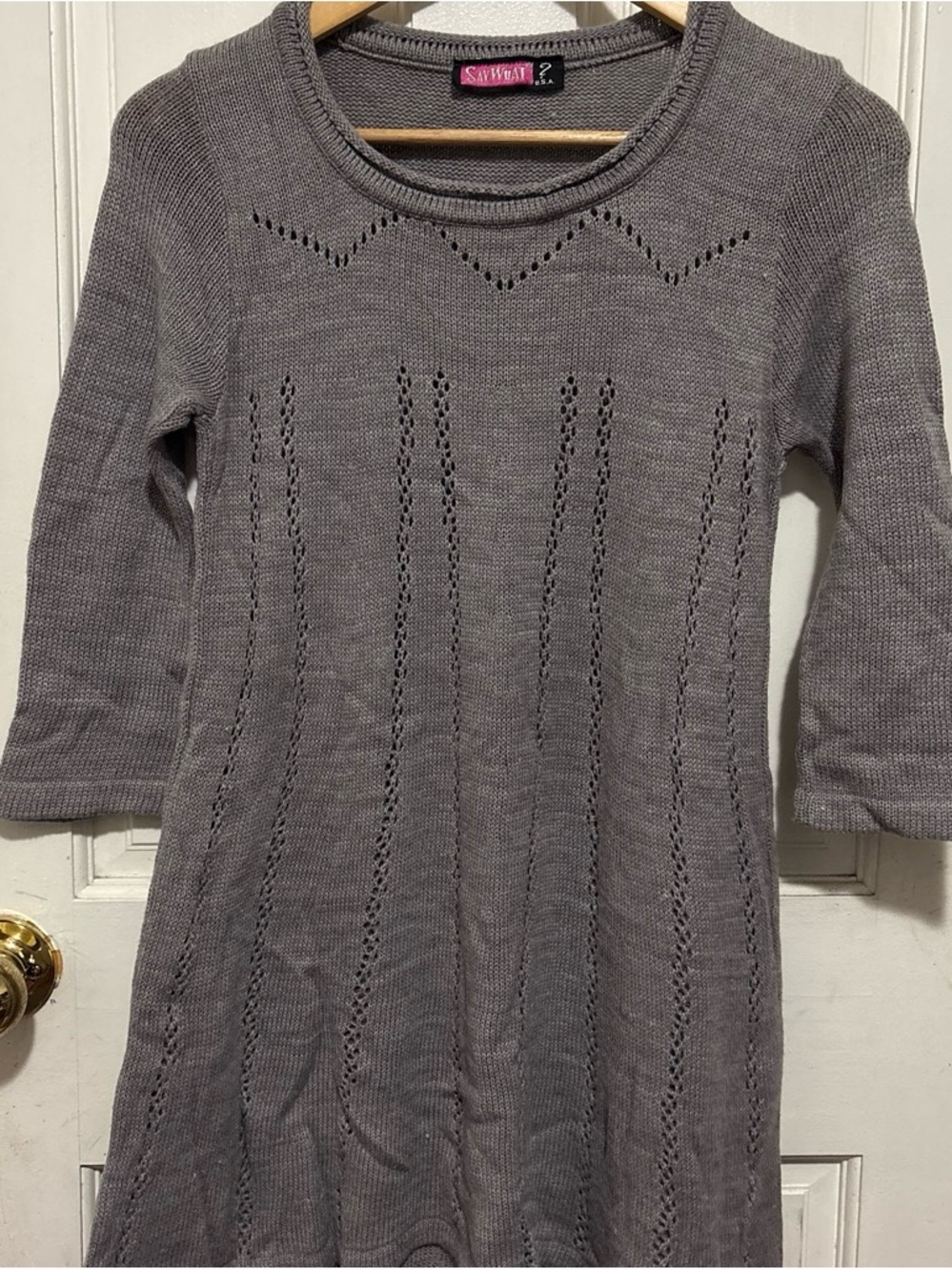 Say What? Gray Knit Sweater with Pink Label